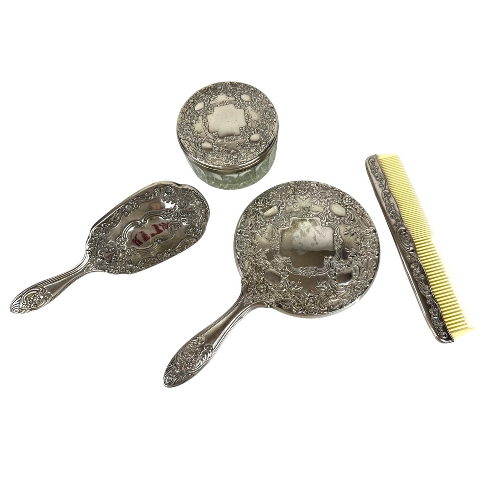 Vintage International Silver Plated  4 piece Dresser Set With Cover For Powder